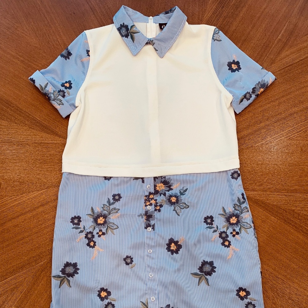 ECI Embroidered Floral Print Shirt Dress w/Pockets
